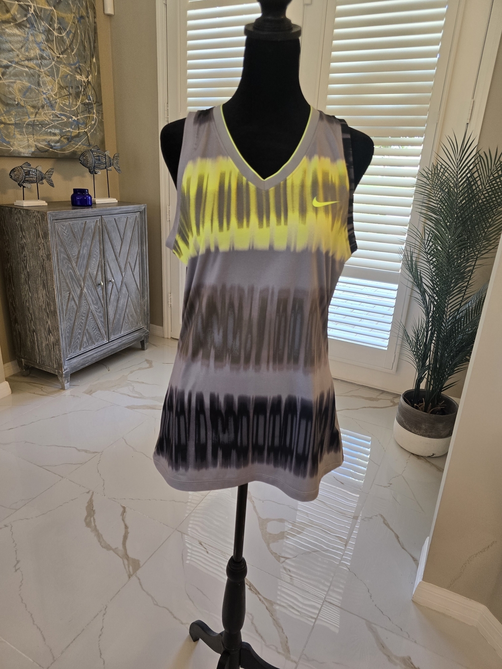 Nike Women’s Gray and Neon Yellow V‑Neck Tie‑Dye Tank Top